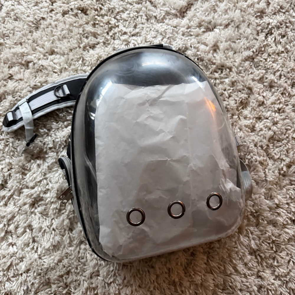 Stylish Metallic Silver Backpack with Circular Accents for cats or pets carrier,